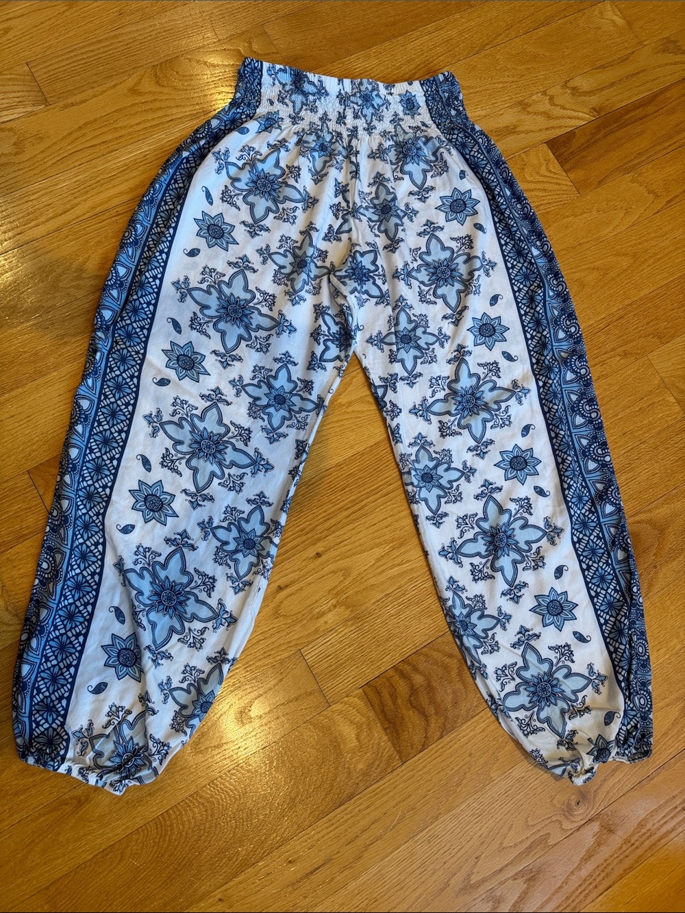 Lotus and Luna Blue Floral Print Elastic High Waist Pants